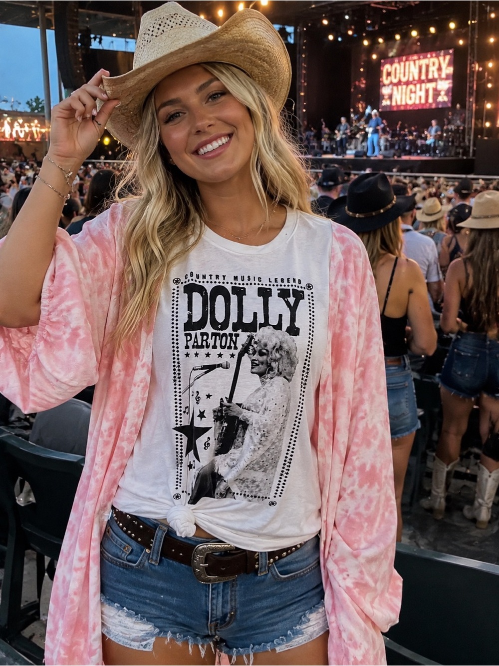 Dolly Parton Graphic Tee with Pink Tie-Dye Kimono sleeves